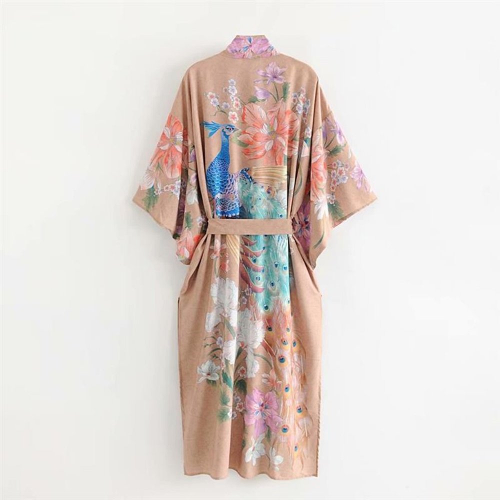Bohemian Gypsy Floral peacock print belted Kimono Cover up - Picture 7 of 7
